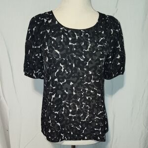 LOFT X Small Petite Black and Gray Abstract Blouse With Puff Sleeves